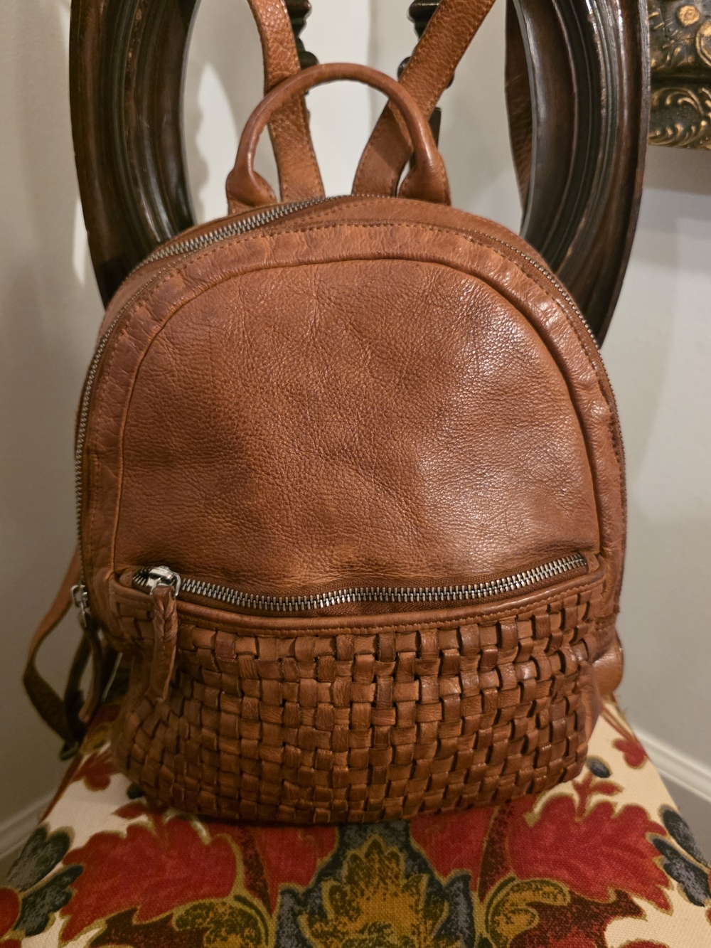 Vilenca Holland Woven Leather Mini Backpack in Cognac Brown